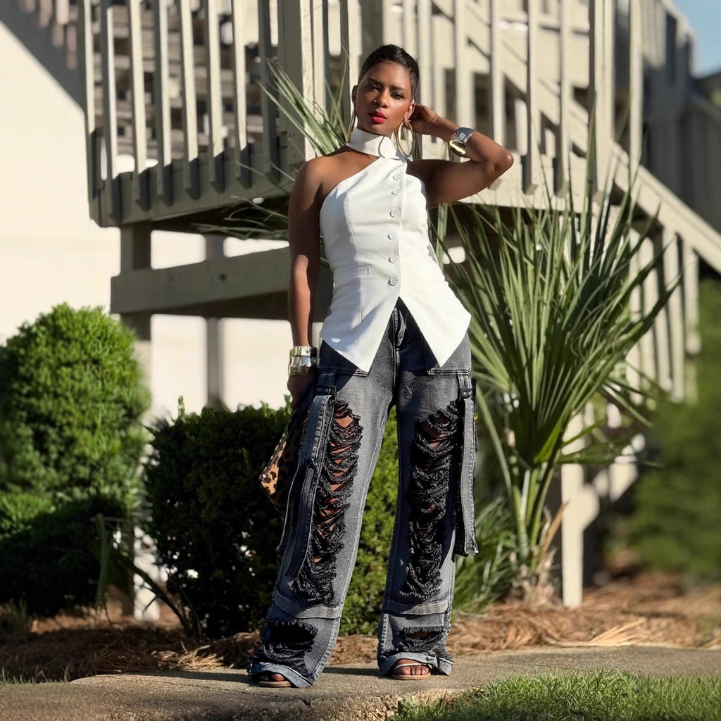Hiphop Street Style Ripped Tie-Detail Cargo Jeans