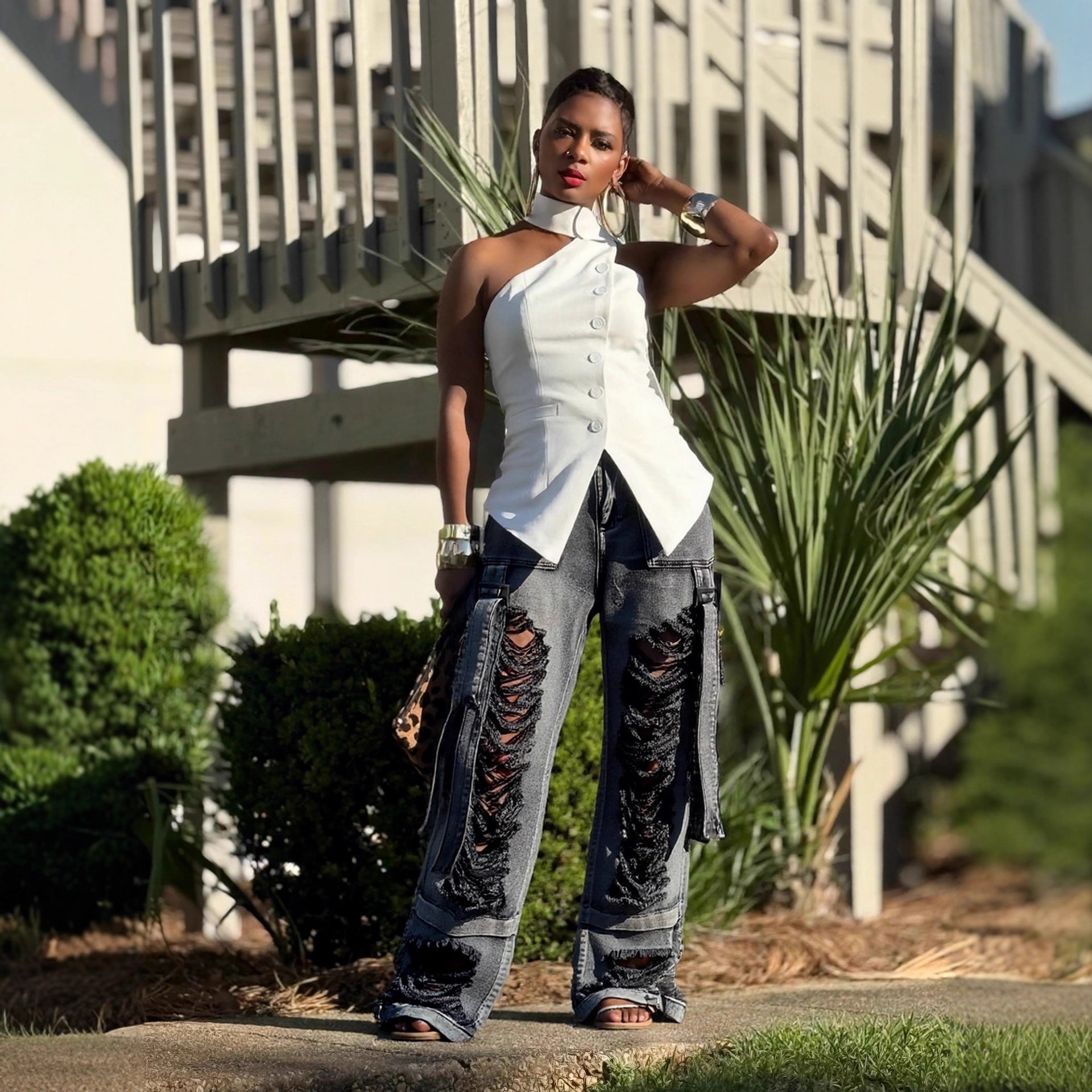 Hiphop Street Style Ripped Tie-Detail Cargo Jeans