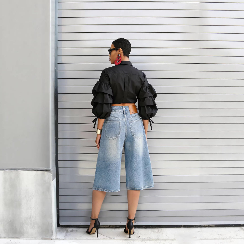 Fashion Studded High-Waisted Washed Bleached Denim Mid-Length Pants