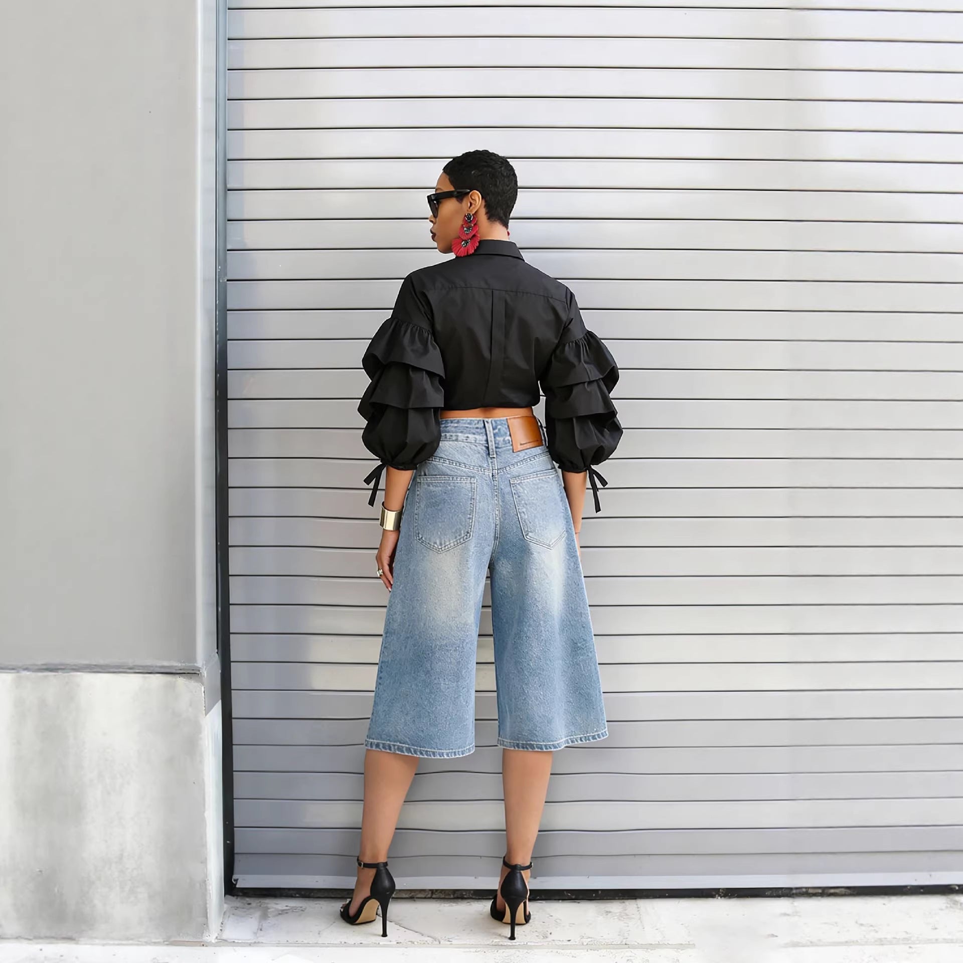 Fashion Studded High-Waisted Washed Bleached Denim Mid-Length Pants