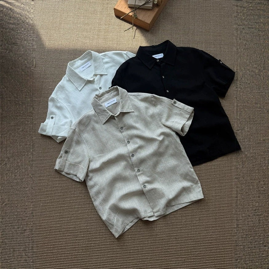 Linen Tencel Lyocell Classic Fit Cuffed Button-Up Casual Short Sleeve Shirt