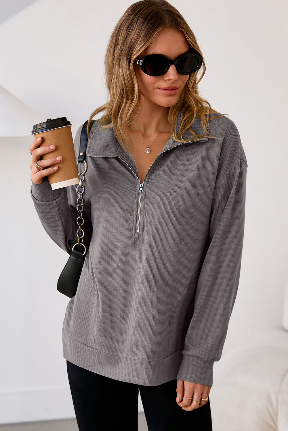 Gray Waffle Texture Collar Half Zip Pocketed Drop Shoulder Sweatshirt