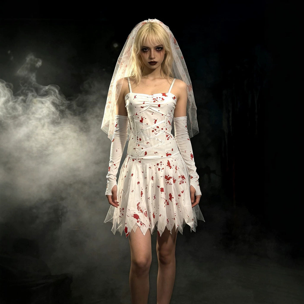Halloween Bloody Mary Adult Horror Blood-Stained Ghost Bride Costume Gothic Blood-Splattered Zombie Ghost Wedding Dress