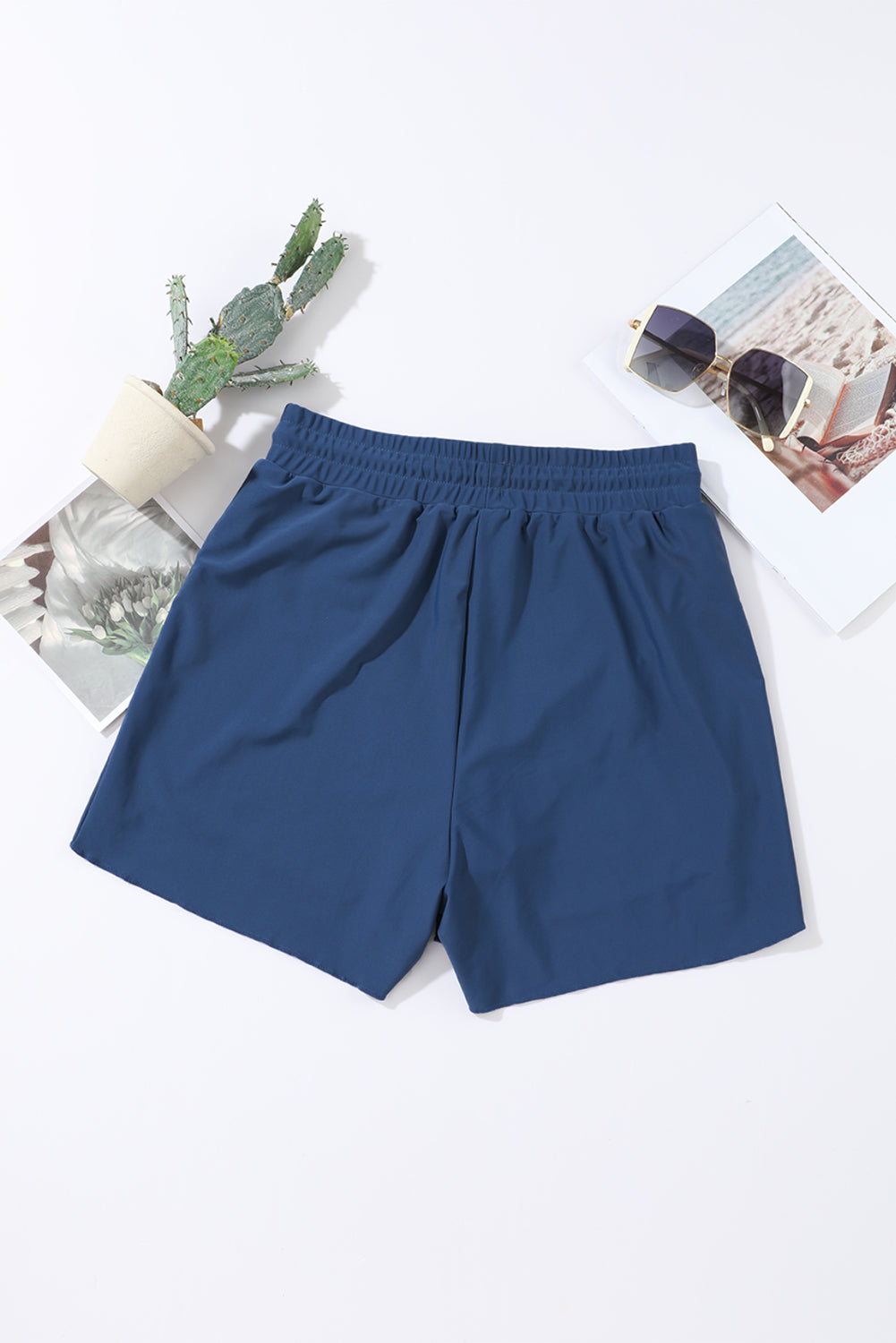 Black Solid Color 2-in-1 Drawstring Elastic Waist Swim Shorts
