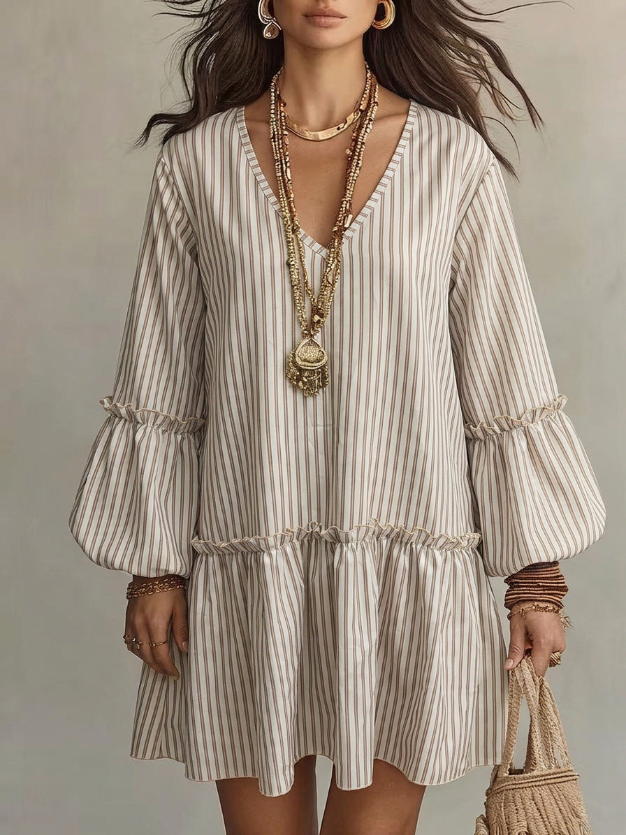 Style Autumn New Women's Long Sleeve Dress Stripe Print V-Neck Lantern Sleeve Loose Mini Dress