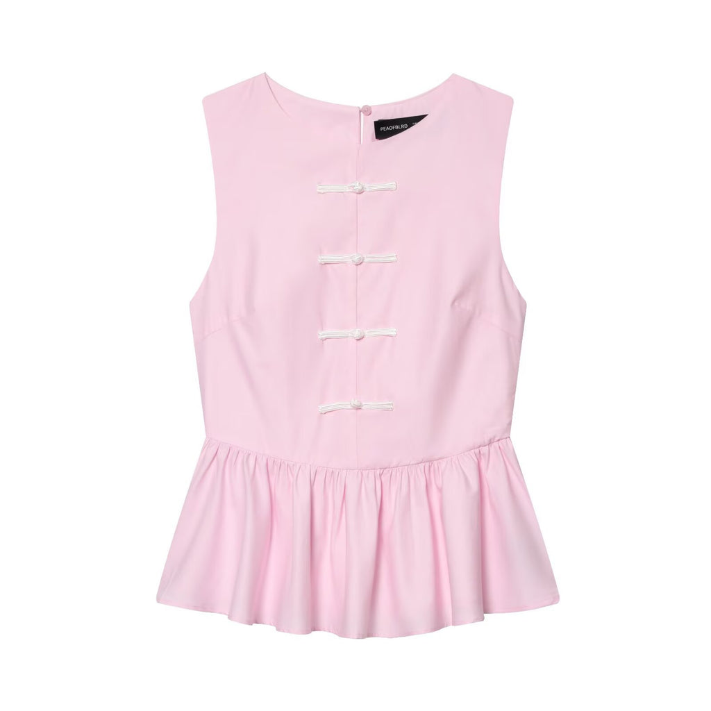 Sleeveless knot buckle embellished short skirt style hem top