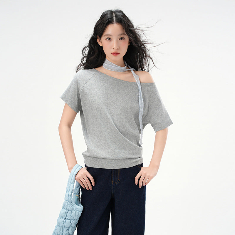 One-Shoulder Slash Neck Sleeveless T-Shirt for Women, Loose Casual Top