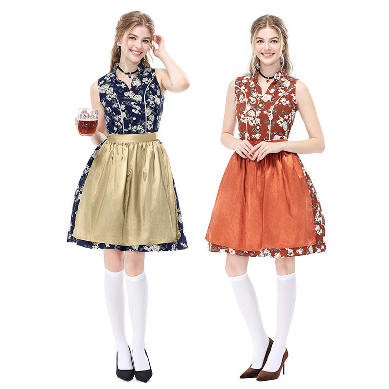 German Beer Festival Vintage Floral Sleeveless Dirndl Dress Bavarian Ethnic Party Stage Performance Costume