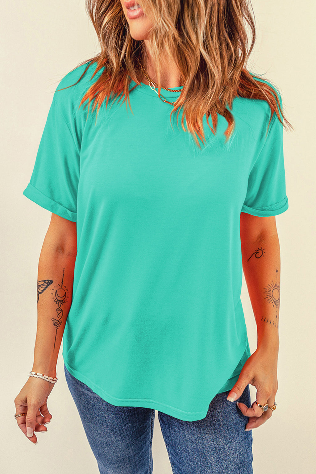 Sachet Pink Solid Color Basic Crew Neck Plain Tee