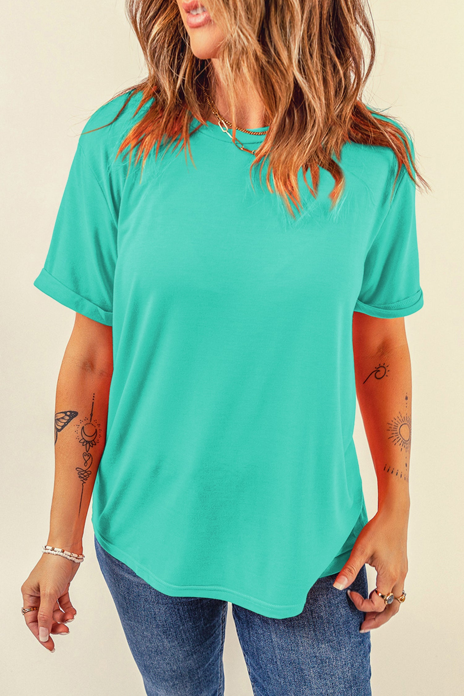 Sachet Pink Solid Color Basic Crew Neck Plain Tee