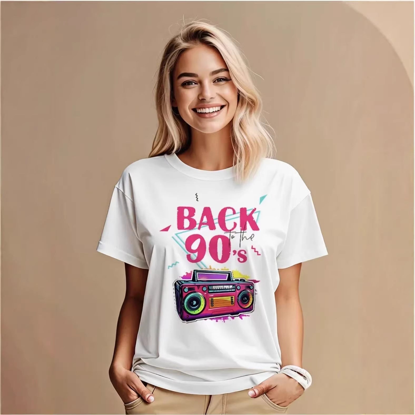 Round neck loose short sleeved top for women