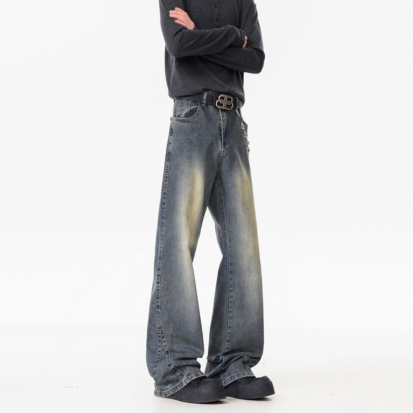 Texture Washed Knife-Edge Denim Pants Men