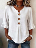 Fashionable Cotton Linen V-Neck Button-Up Blouse for Women Summer Casual Top