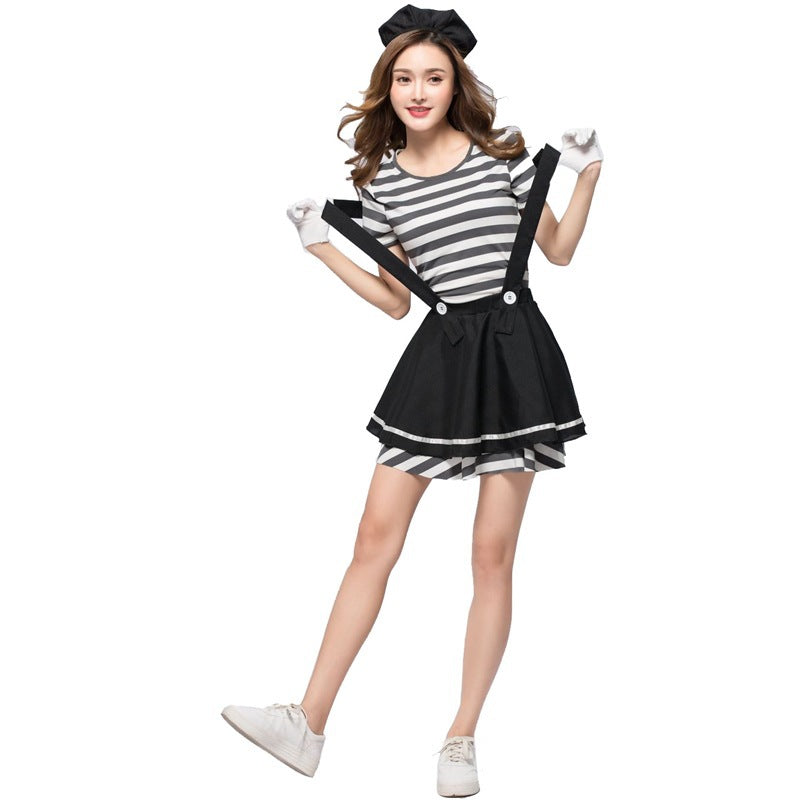 Halloween Striped Prisoner Costume Stage Mime Clown Tutu Dress Role Play Cosplay Costume