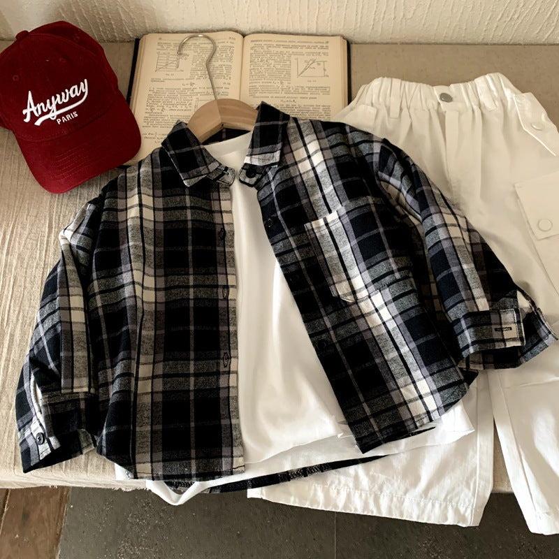 Children's clothing boys' long sleeved shirt checkered shirt