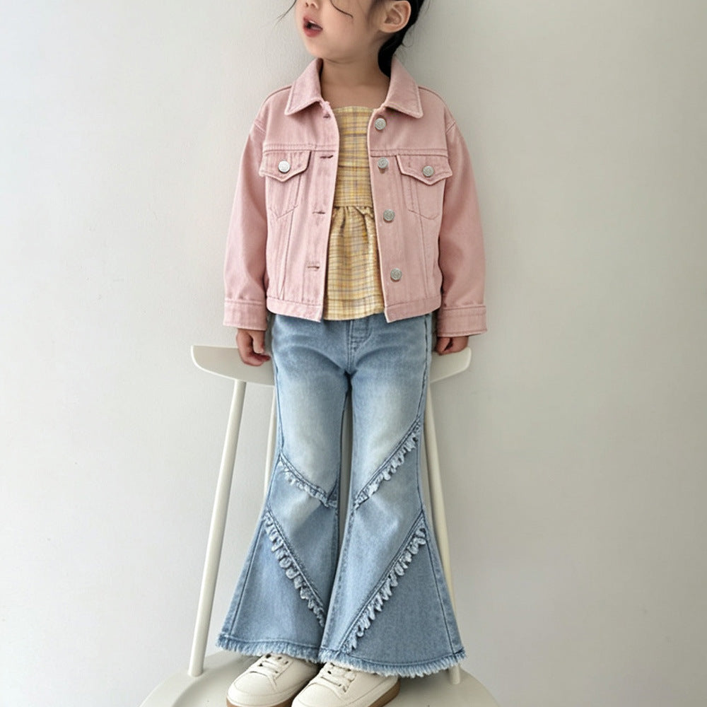 Girls' Elastic Denim Fringe Raw Hem Patchwork Flared Pants Children's Long Trousers