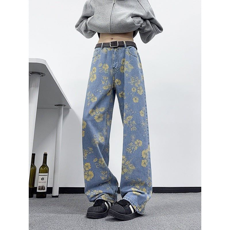 Floral Print Denim Pants Men Wide Leg Pants