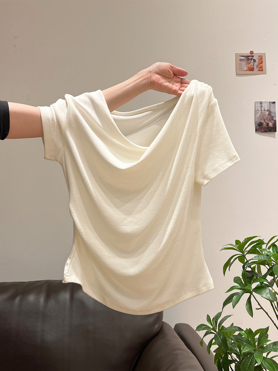 One-Cloth Three-Way Wear Asymmetrical Off-Shoulder Ruffled Neck Short Sleeve T-Shirt for Women