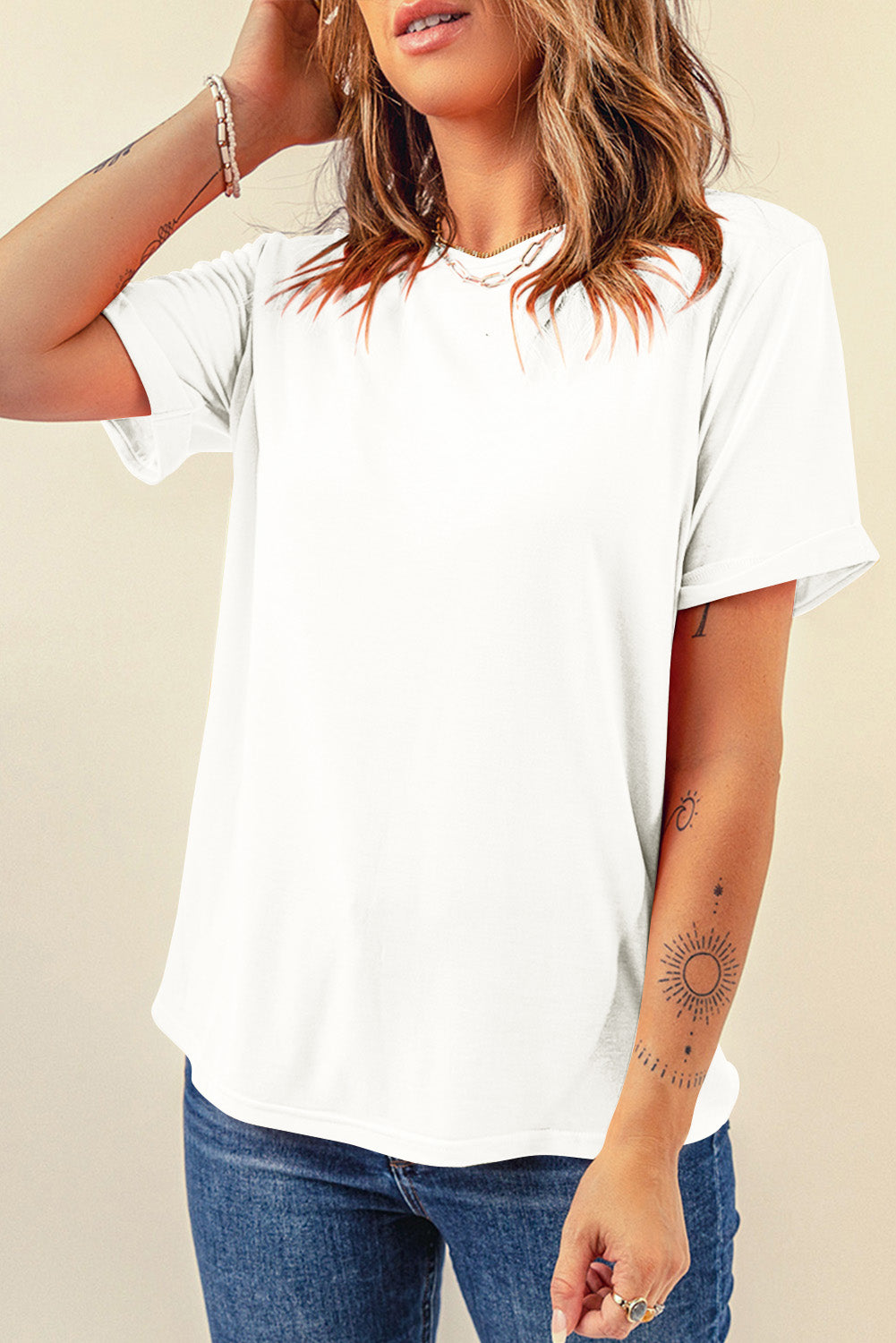 Sachet Pink Solid Color Basic Crew Neck Plain Tee
