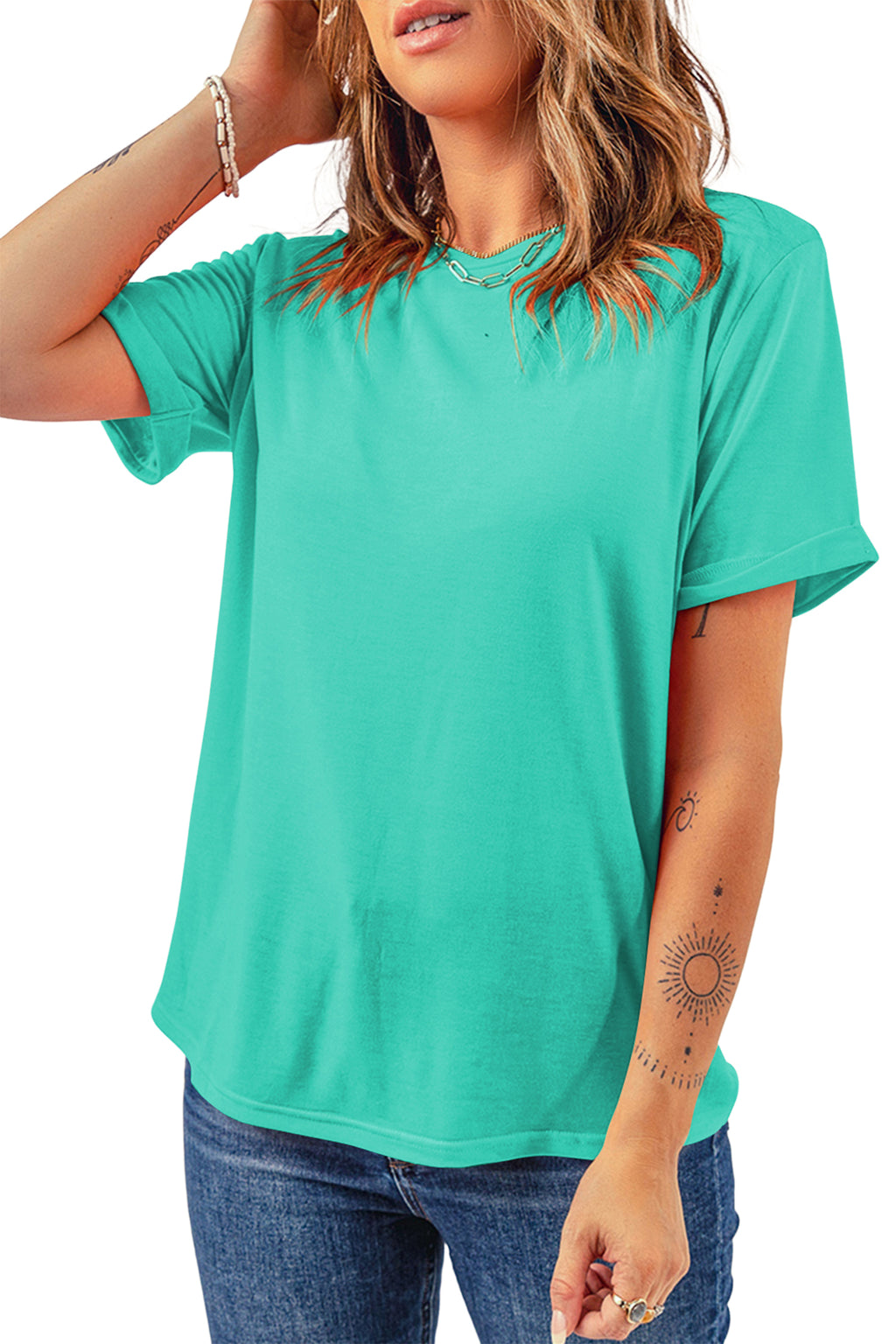 Sachet Pink Solid Color Basic Crew Neck Plain Tee