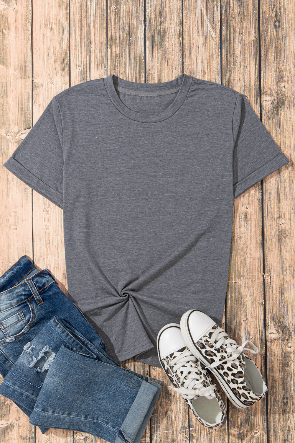 Sachet Pink Solid Color Basic Crew Neck Plain Tee