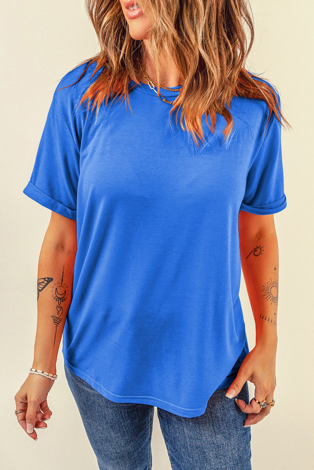 Sachet Pink Solid Color Basic Crew Neck Plain Tee