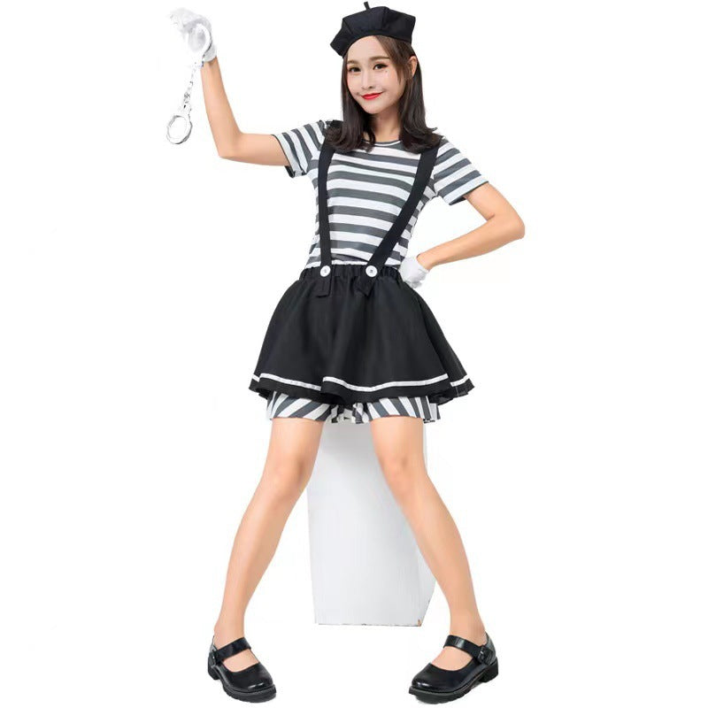 Halloween Striped Prisoner Costume Stage Mime Clown Tutu Dress Role Play Cosplay Costume