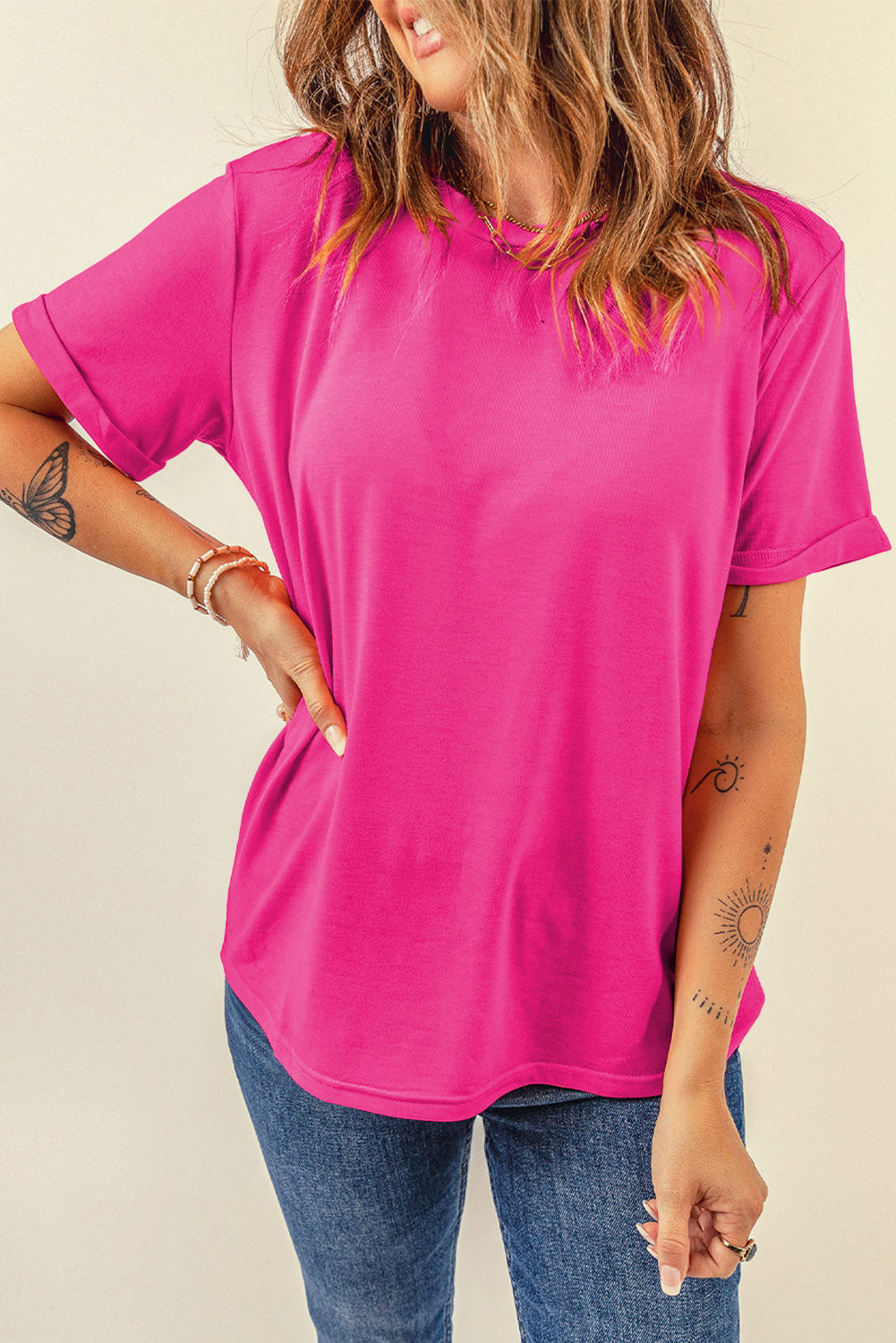 Sachet Pink Solid Color Basic Crew Neck Plain Tee