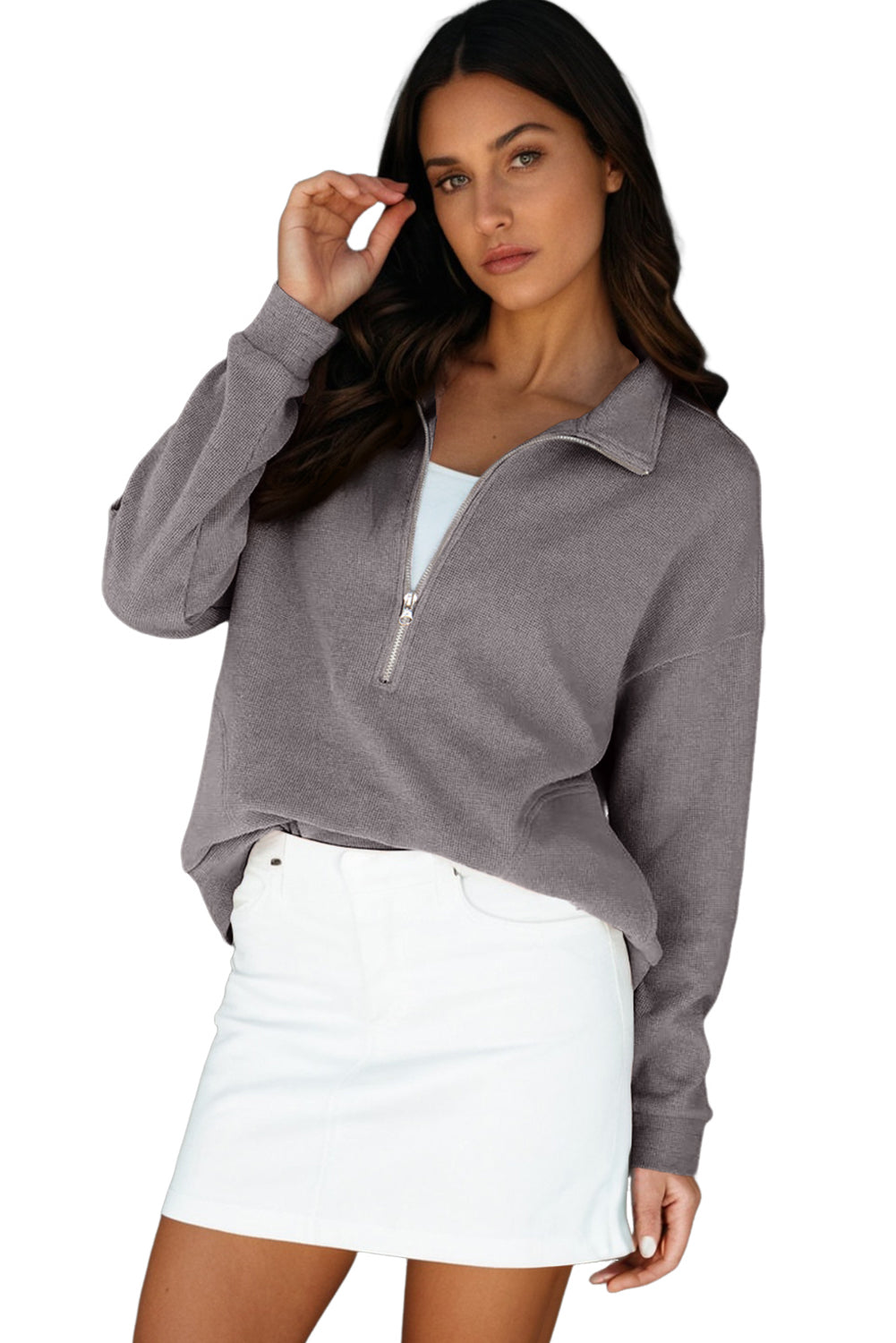 Gray Waffle Texture Collar Half Zip Pocketed Drop Shoulder Sweatshirt
