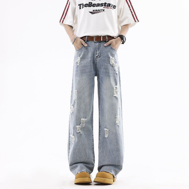 Street Style Ripped Denim Pants Men Lightweight Straight Loose