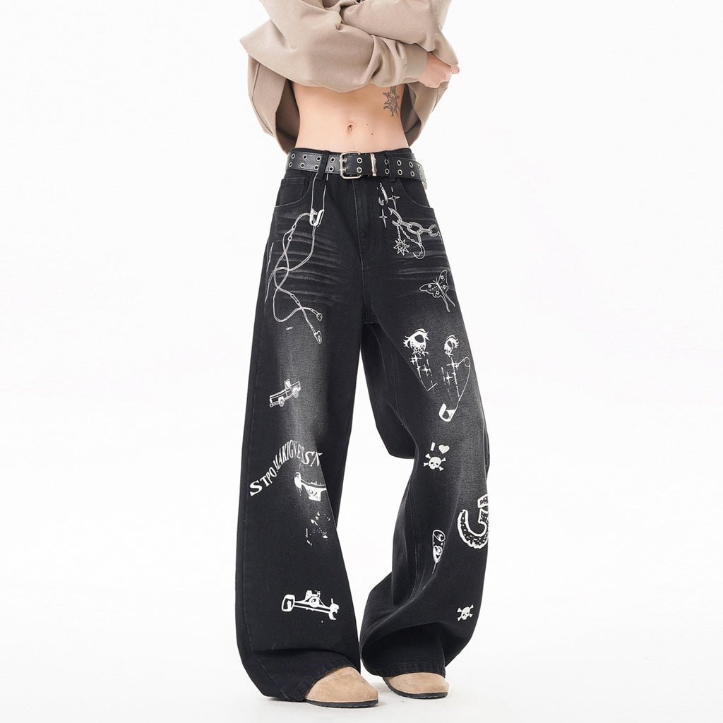 INS Vintage Graffiti Denim Pants