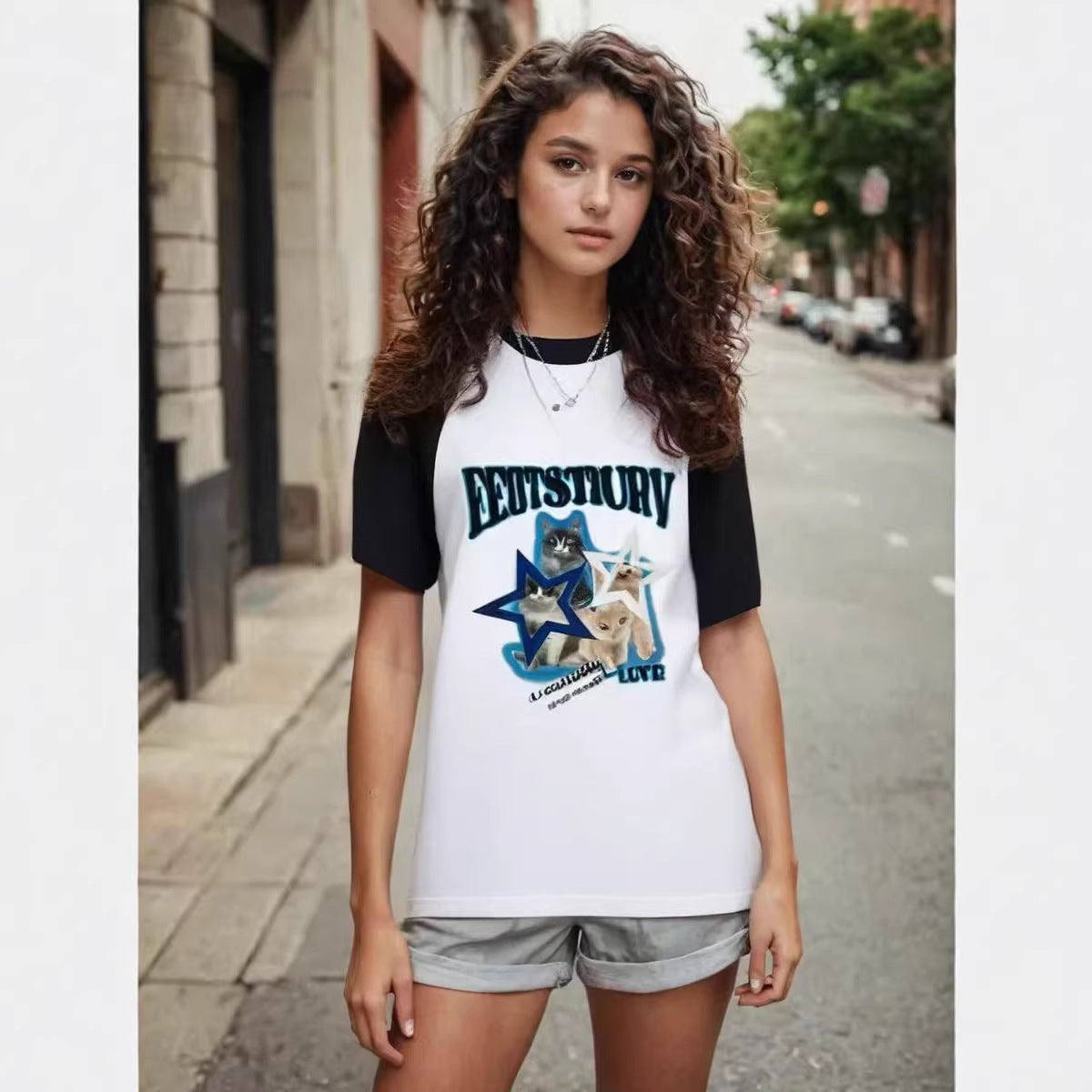 Black and white spliced short sleeved t-shirt for women