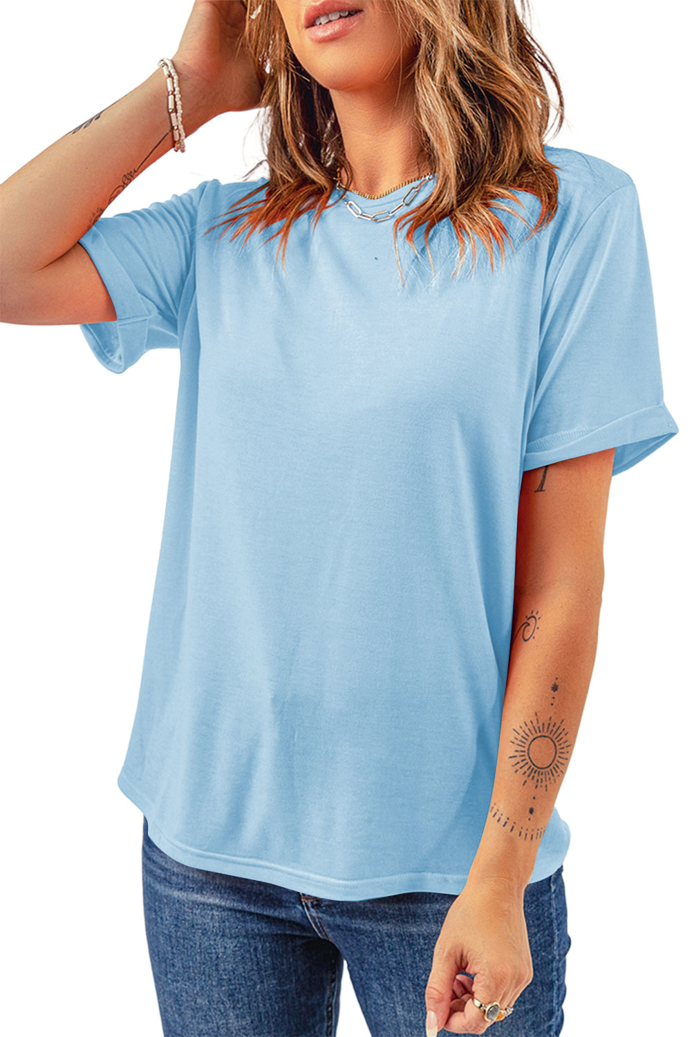 Sachet Pink Solid Color Basic Crew Neck Plain Tee