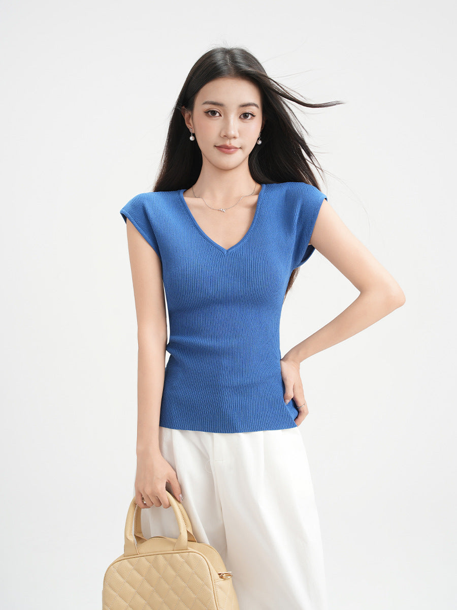 Blue V-Neck Collar-Baring Knit Short Sleeve T-Shirt for Women Lightweight Sheer