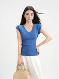 Blue V-Neck Collar-Baring Knit Short Sleeve T-Shirt for Women Lightweight Sheer