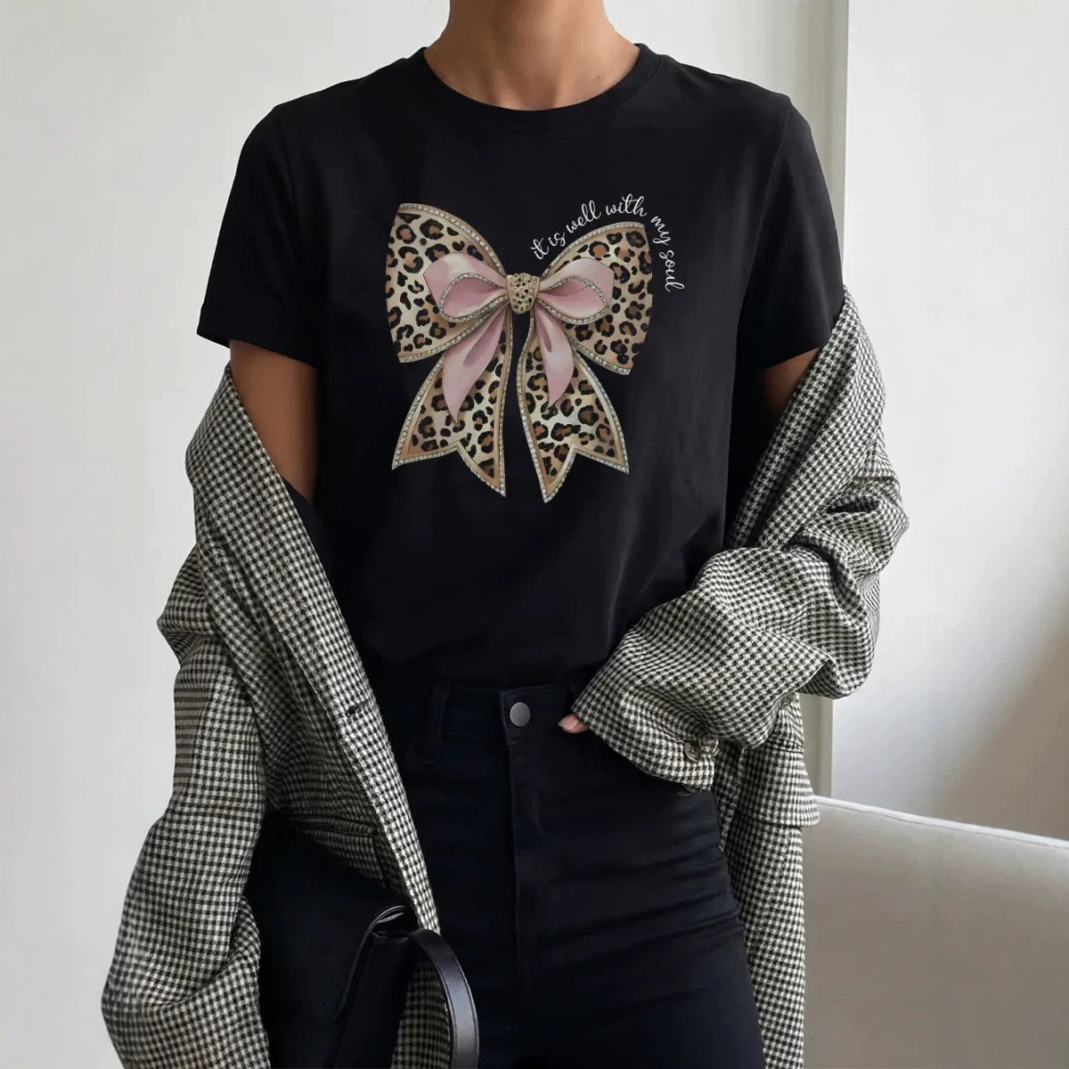 Leopard print bow print short sleeved T-shirt for women