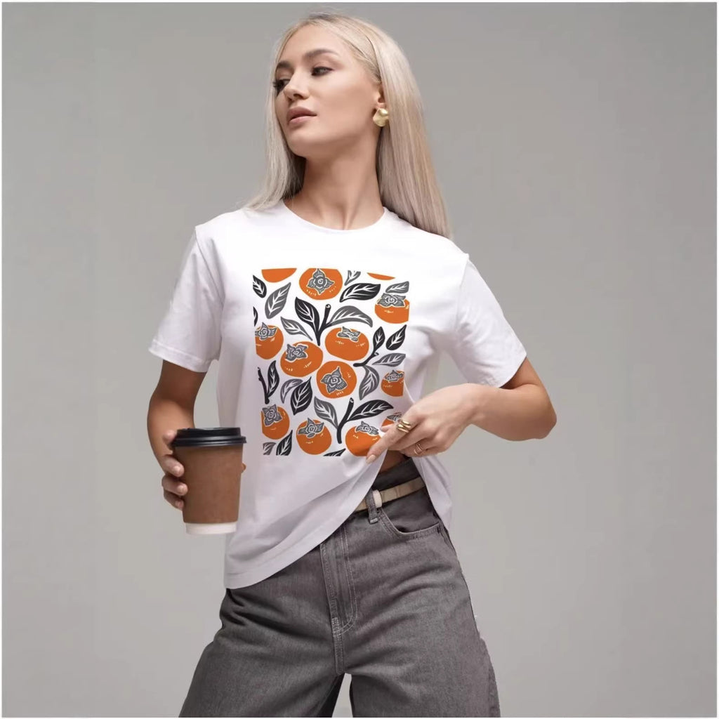 Persimmon pattern round neck loose short sleeved top for women