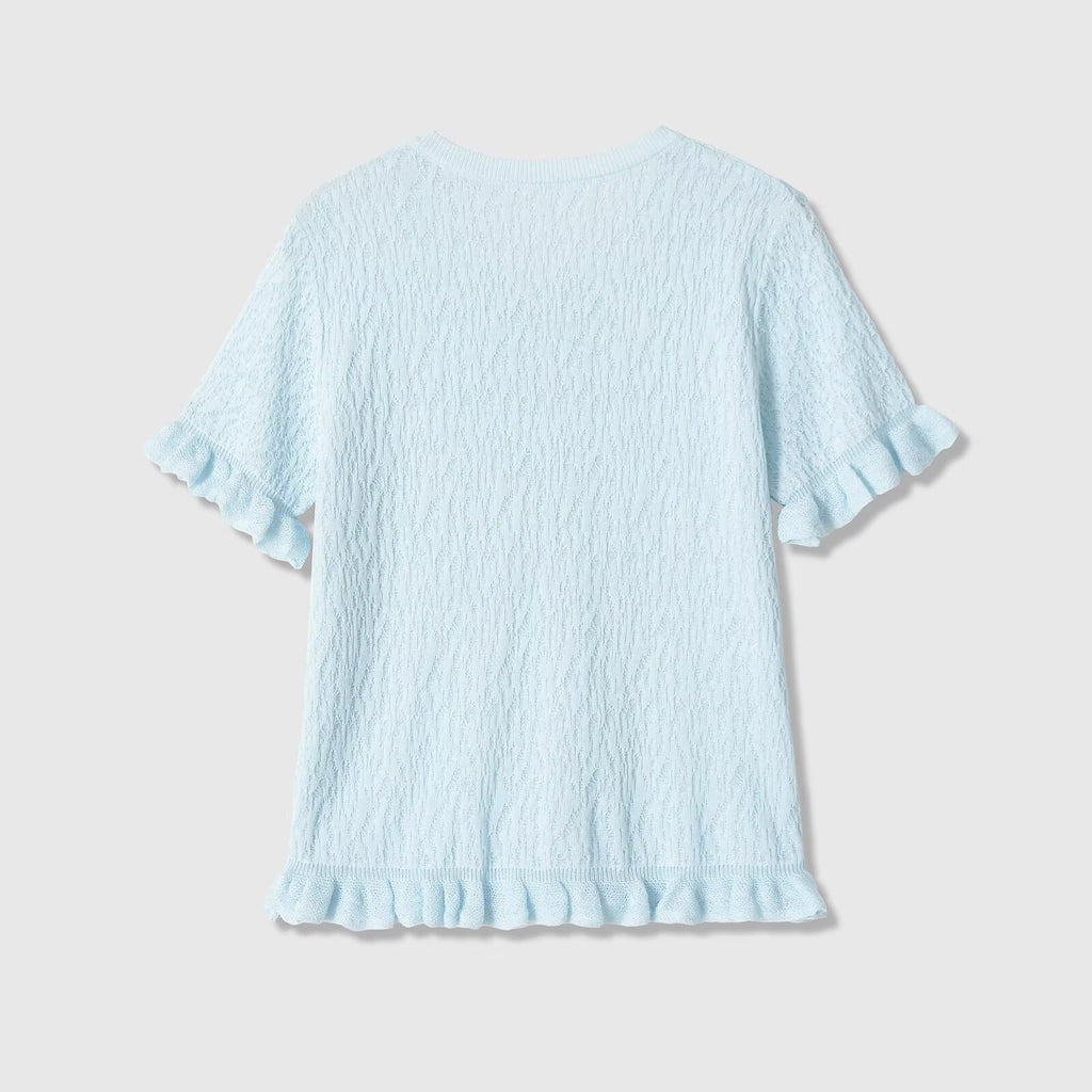 Short sleeved round neck lace layered knitted top