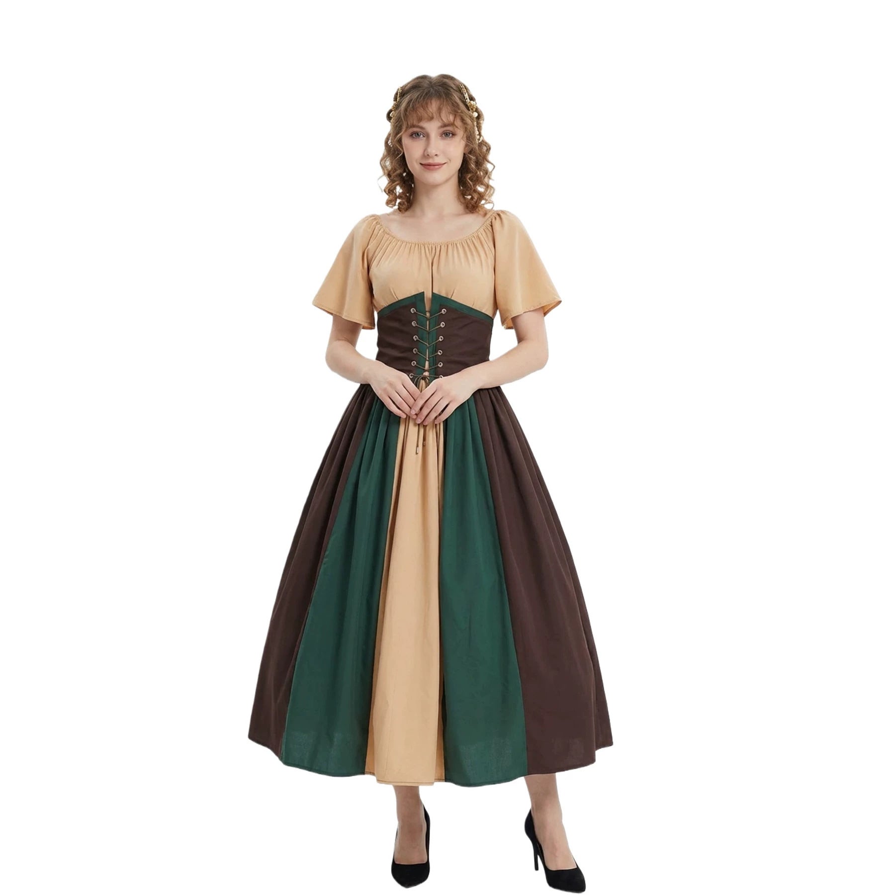 Halloween Cosplay Costume Medieval Vintage Fitted Full Skirt One-Shoulder Color-Blocked Spliced Dress for Women