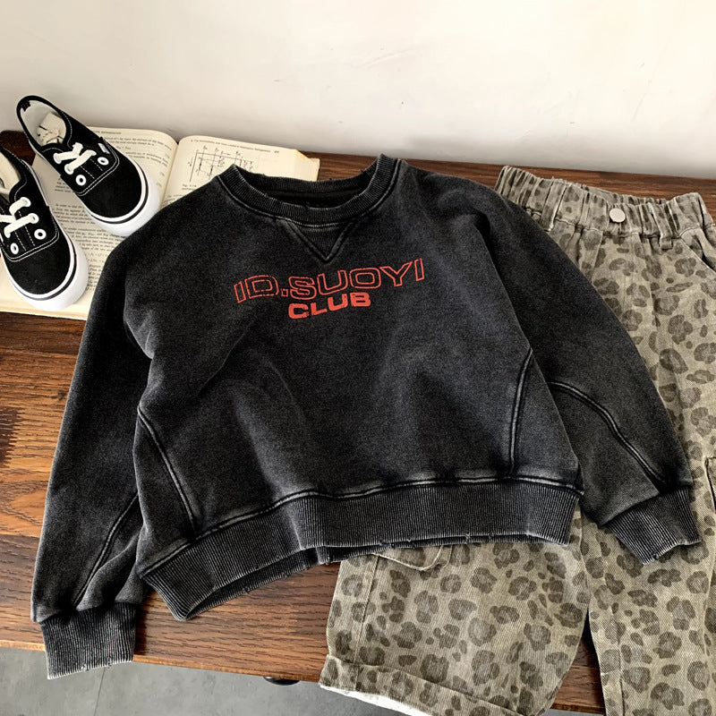 Retro Whitewashed Back Letter Sand Washed Hoodie Top