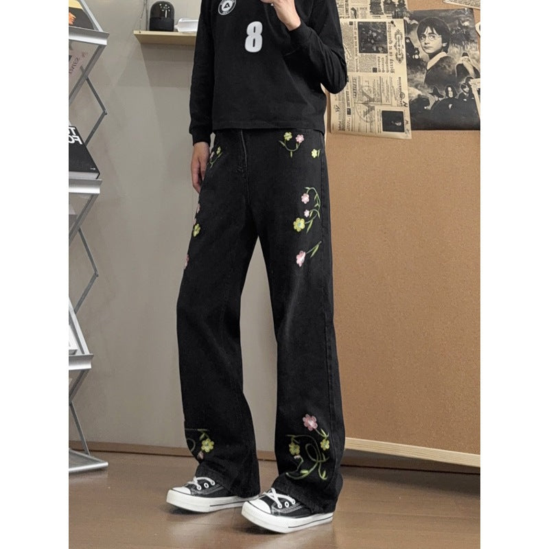 Blue Embroidered Jeans Straight Leg Jeans