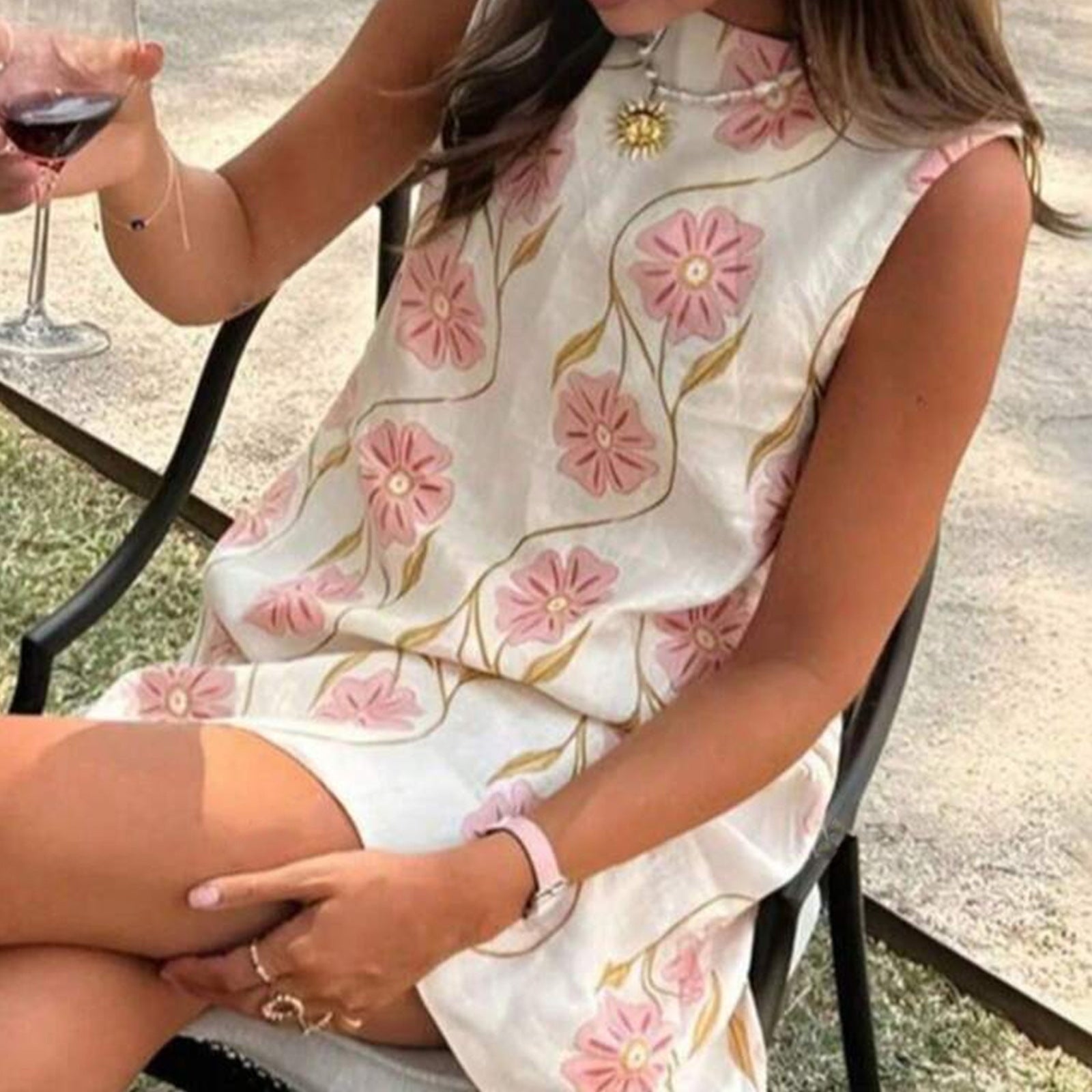 Fashionable Pink Floral Round Neck Sleeveless Vest Dress for Women Casual Summer Style