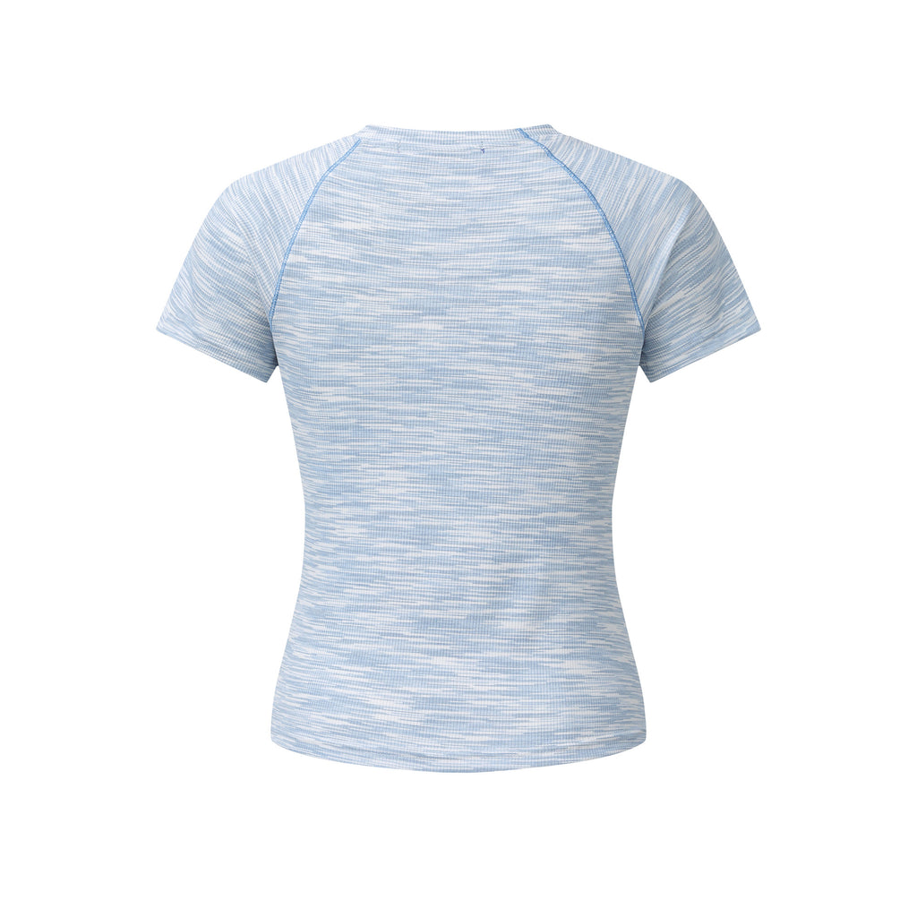 Women's Slim Fit Round Neck Short Sleeve Small Color Block Pleated Button T-Shirt