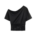 Spicy girl sexy lace patchwork sloping shoulder waistband top