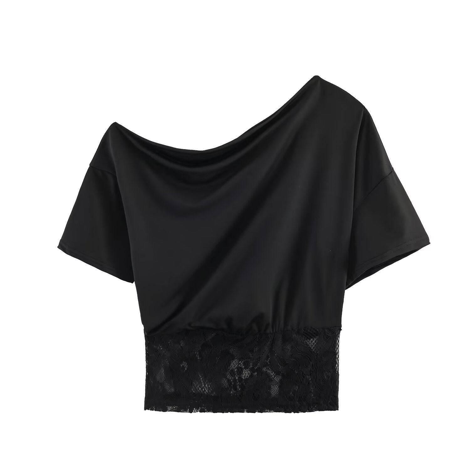 Spicy girl sexy lace patchwork sloping shoulder waistband top