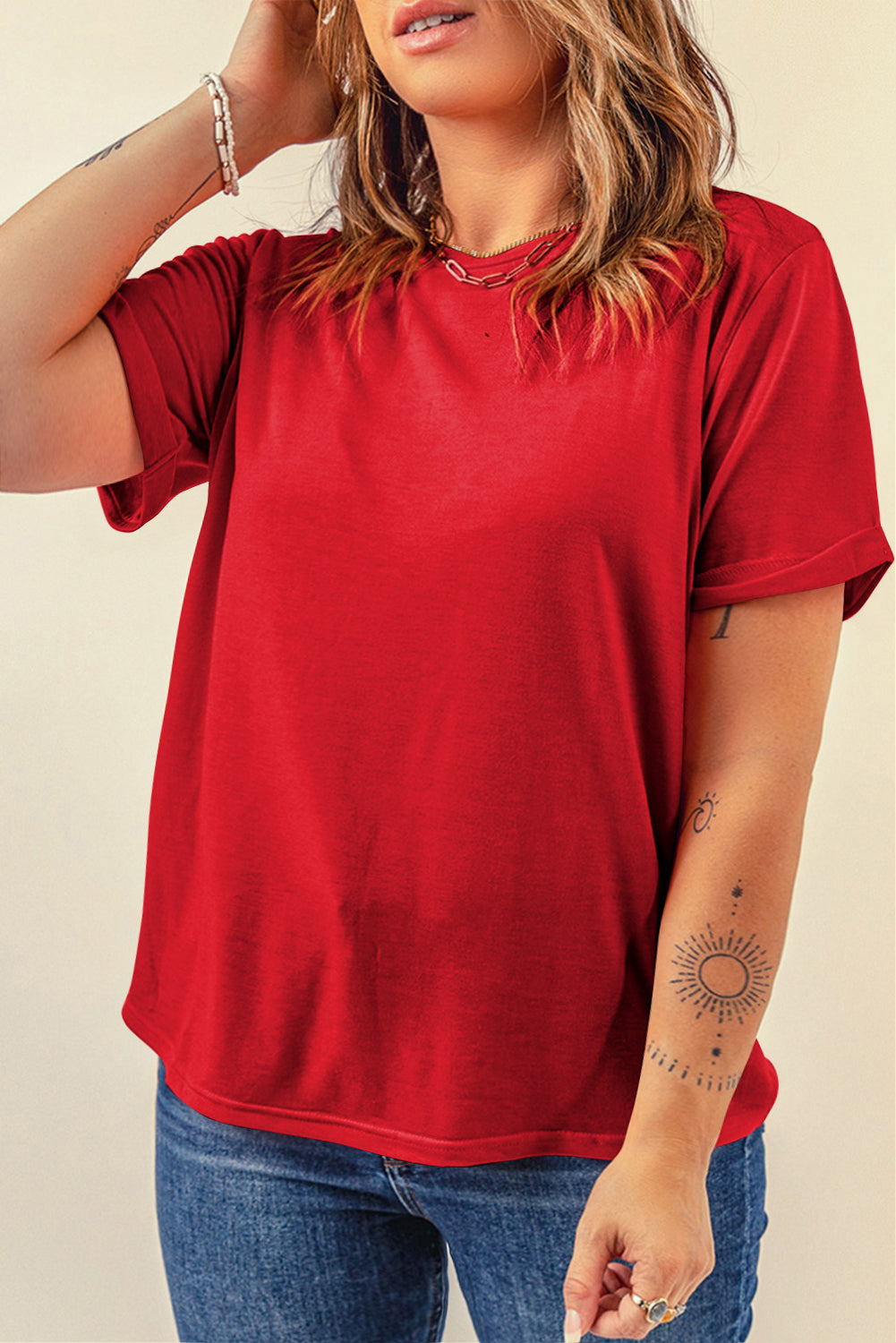 Sachet Pink Solid Color Basic Crew Neck Plain Tee