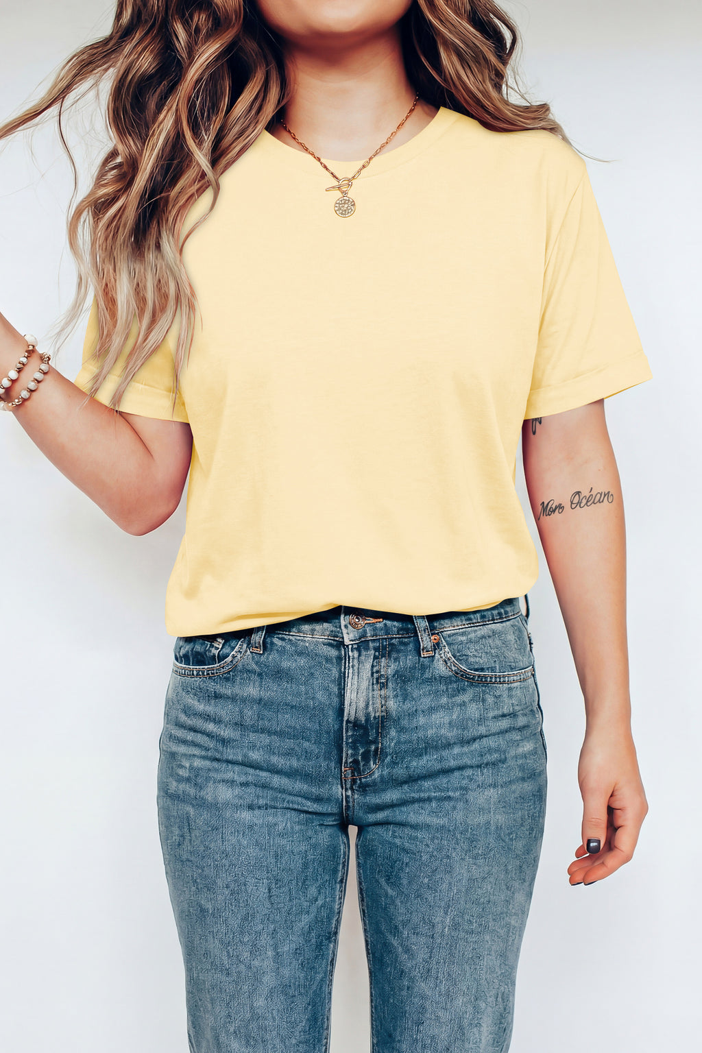 Sachet Pink Solid Color Basic Crew Neck Plain Tee