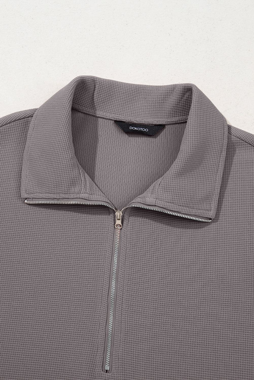 Gray Waffle Texture Collar Half Zip Pocketed Drop Shoulder Sweatshirt