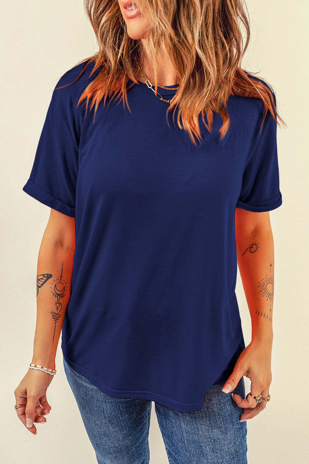 Sachet Pink Solid Color Basic Crew Neck Plain Tee