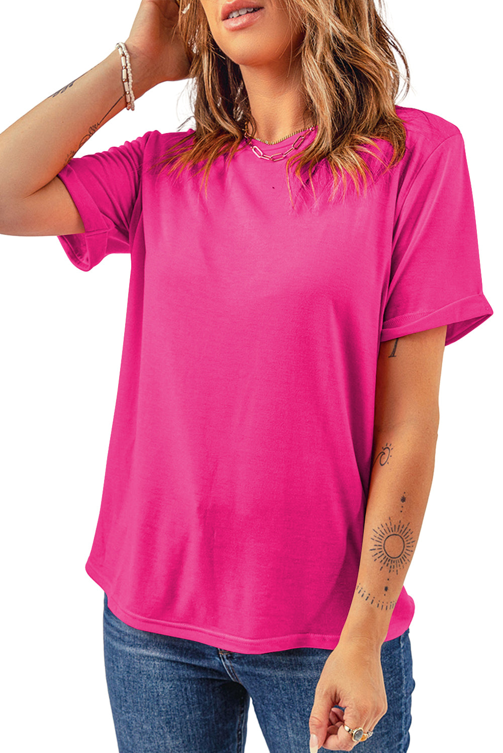 Sachet Pink Solid Color Basic Crew Neck Plain Tee